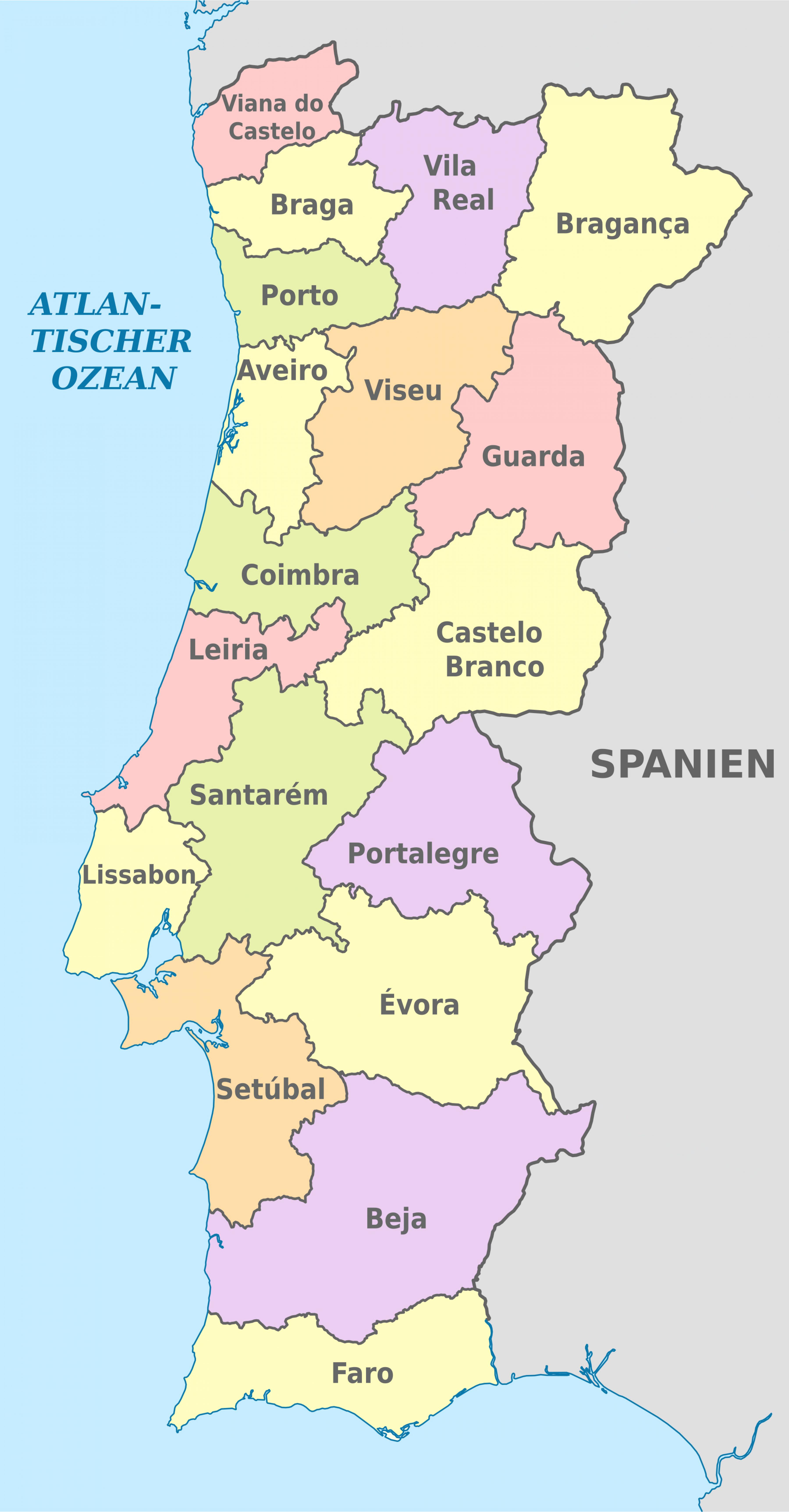 Mapa de Portugal - Político, Portugal e Espanha, cidades e