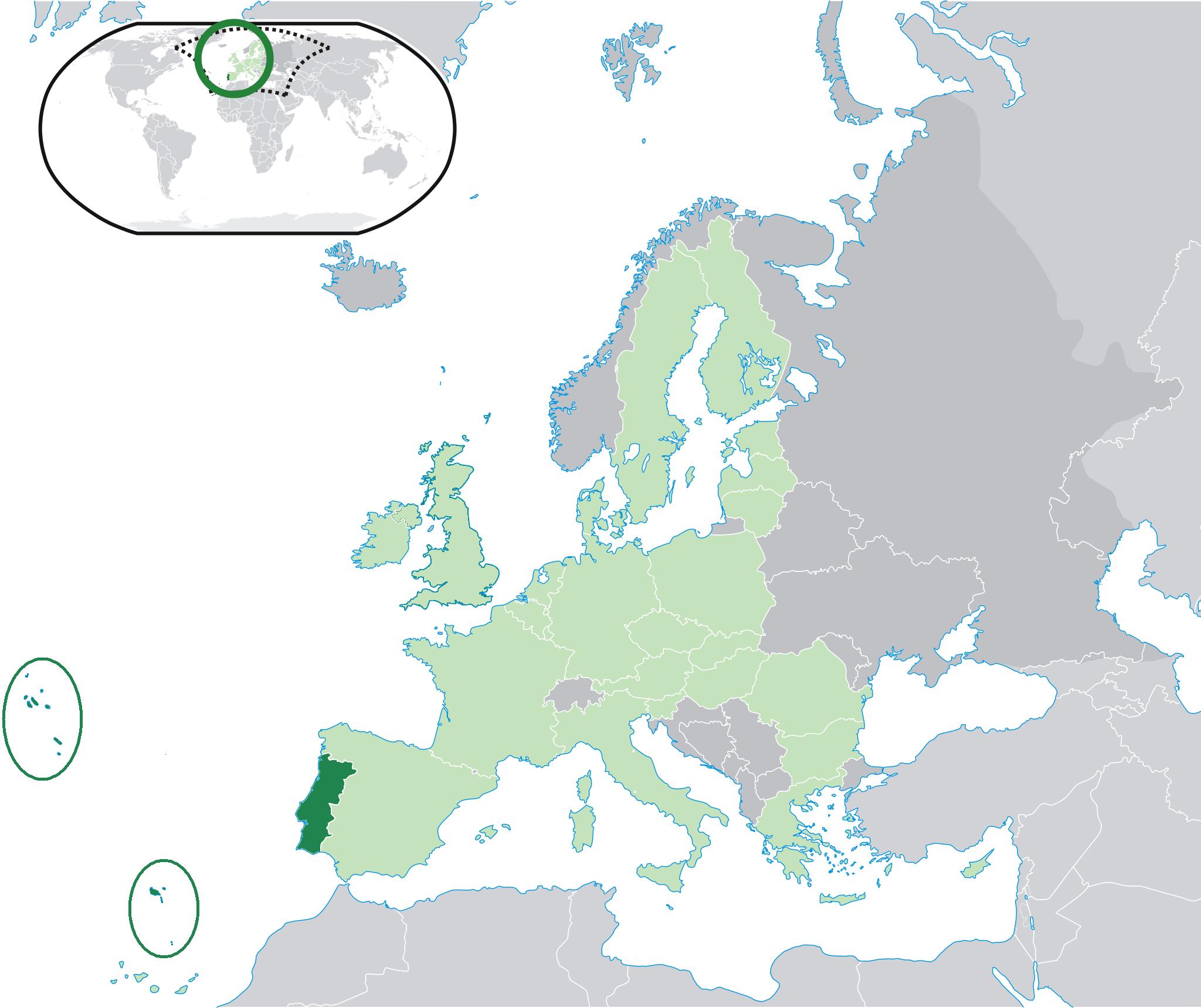 Portugal no mapa do mundo: países vizinhos e localização no mapa da Europa