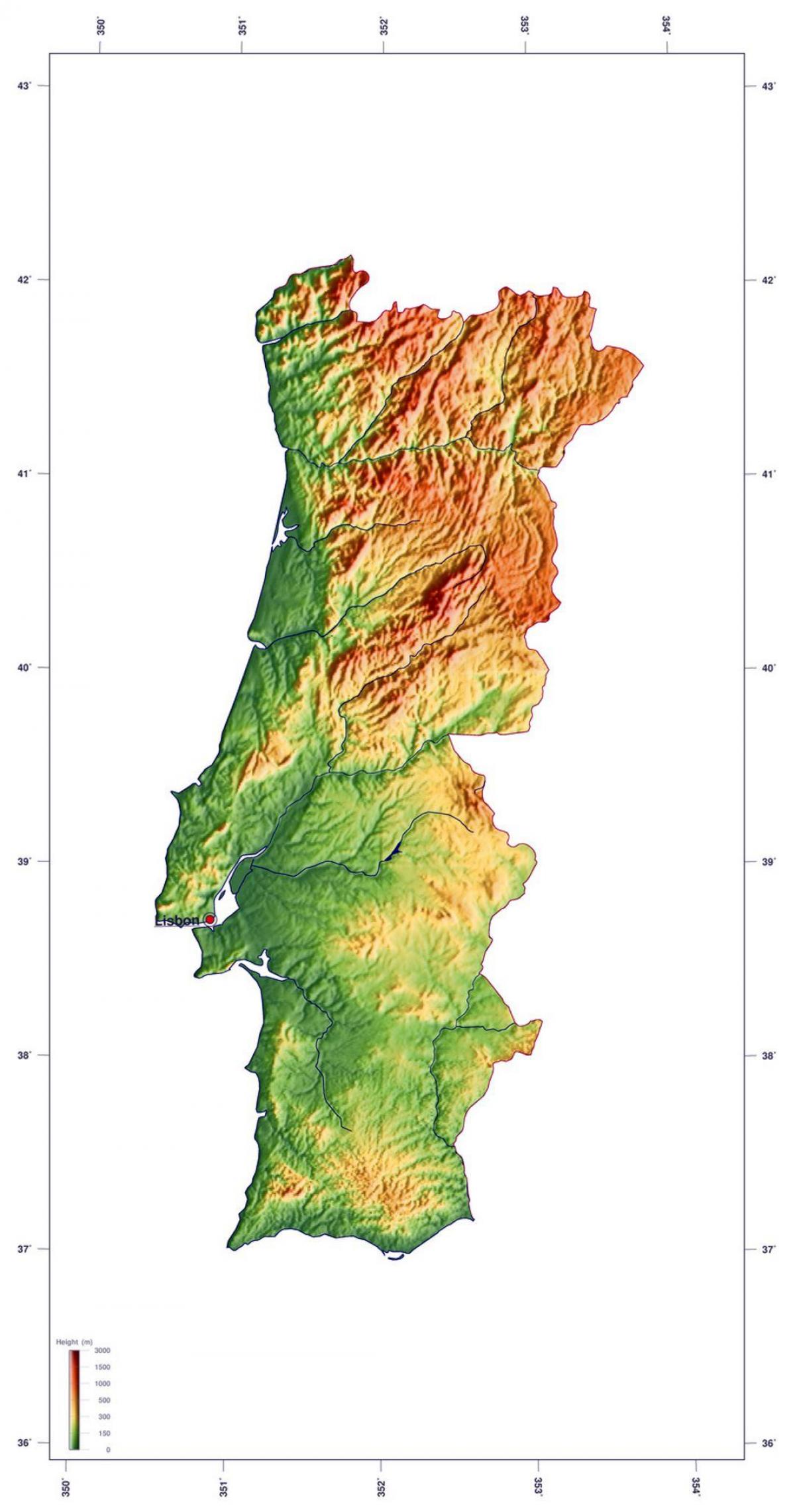 Mapa topográfico Portugal, altitude, relevo
