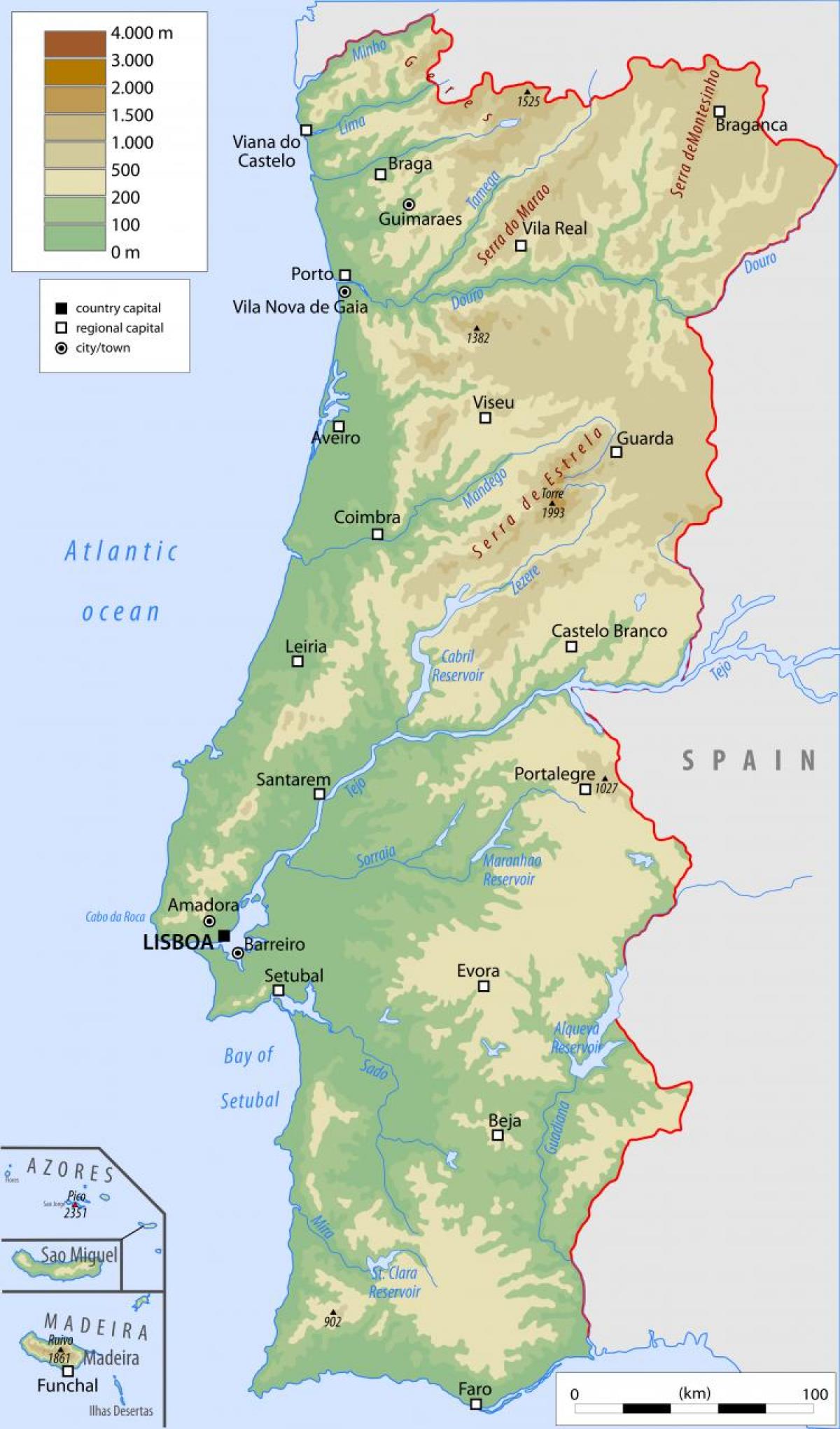 Mapa de Portugal com as principais cidades