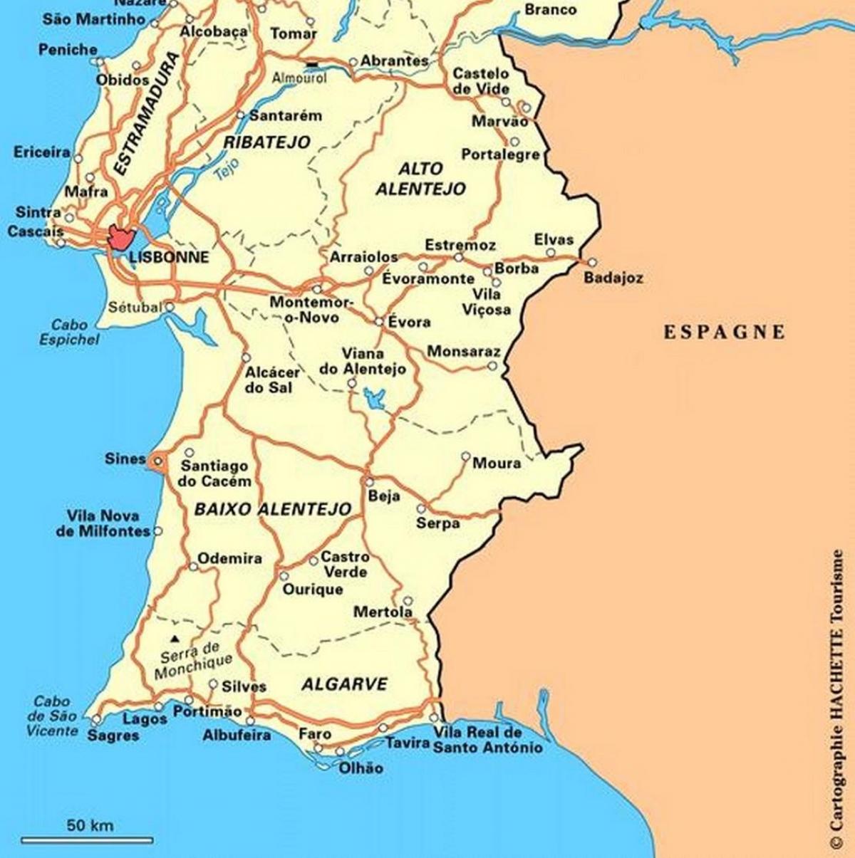 Mapa do Sul de Portugal